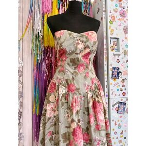 Vintage 80s M Carroll Strapless corset Floral Dress with Bow Back